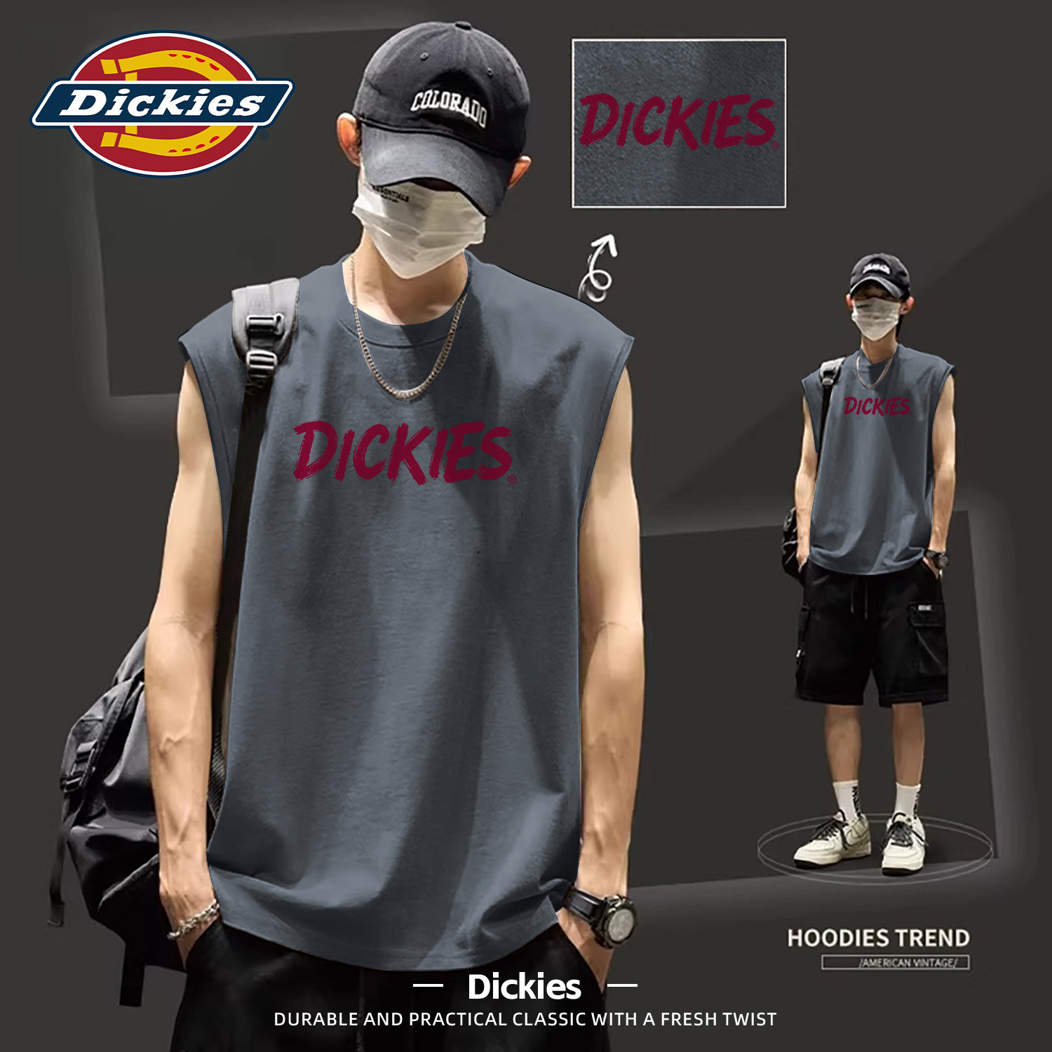 Dickies深灰色纯棉无袖背心男生2026新款夏季薄款运动内搭打底衫