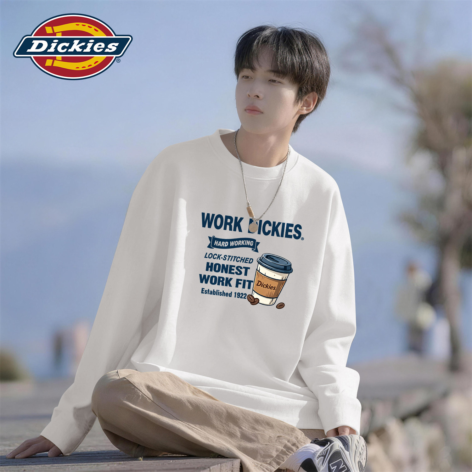 Dickies男生白色纯棉长袖2026秋季新款字母奶茶潮流印花美式T恤