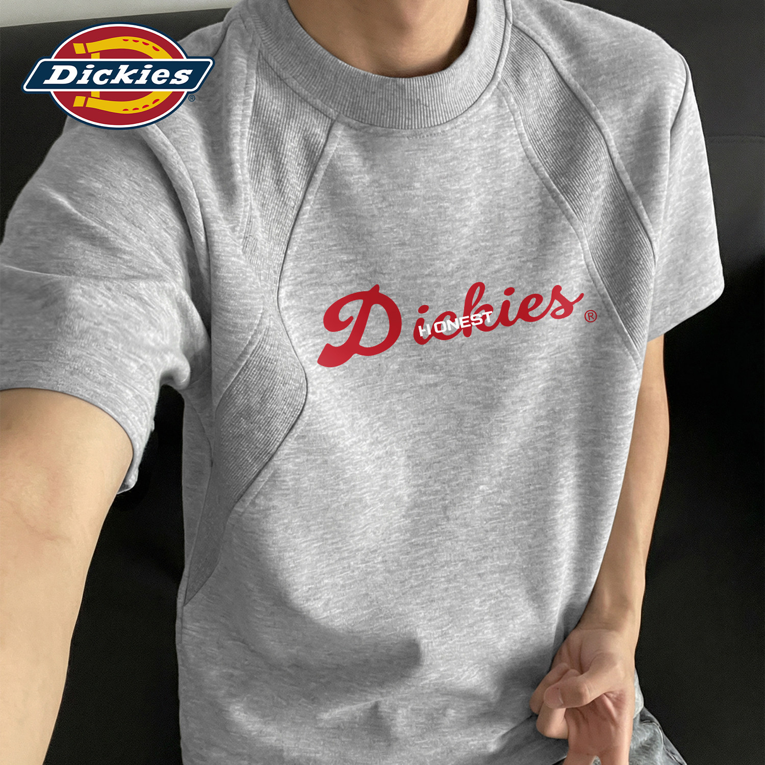 Dickies麻灰色解构圆领短袖T恤男生2026夏季新款重磅高级感五分袖