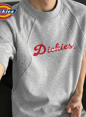 Dickies麻灰色解构圆领短袖T恤男生2026夏季新款重磅高级感五分袖