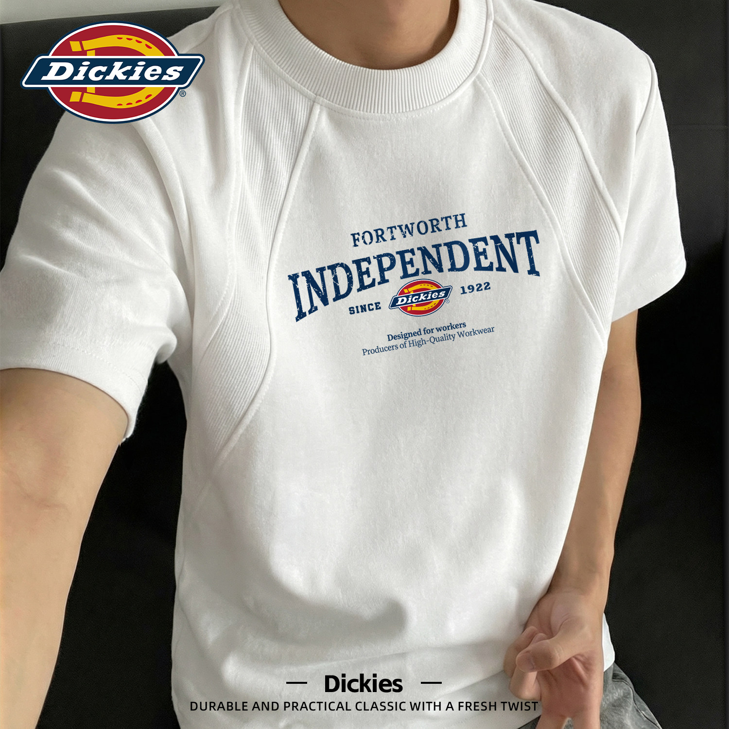 Dickies重磅解构拼接圆领短袖t恤男生2026夏季新款美式复古体恤衫