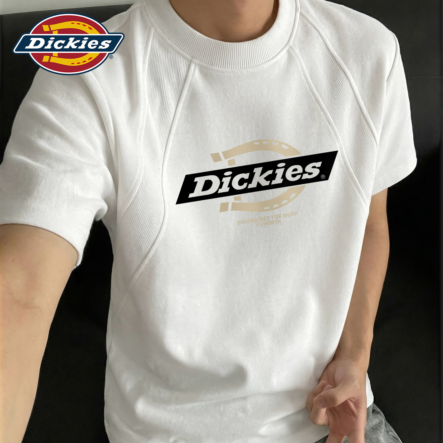 Dickies白色圆领短袖T恤男生2026夏季新款解构拼接重磅半袖体恤衫