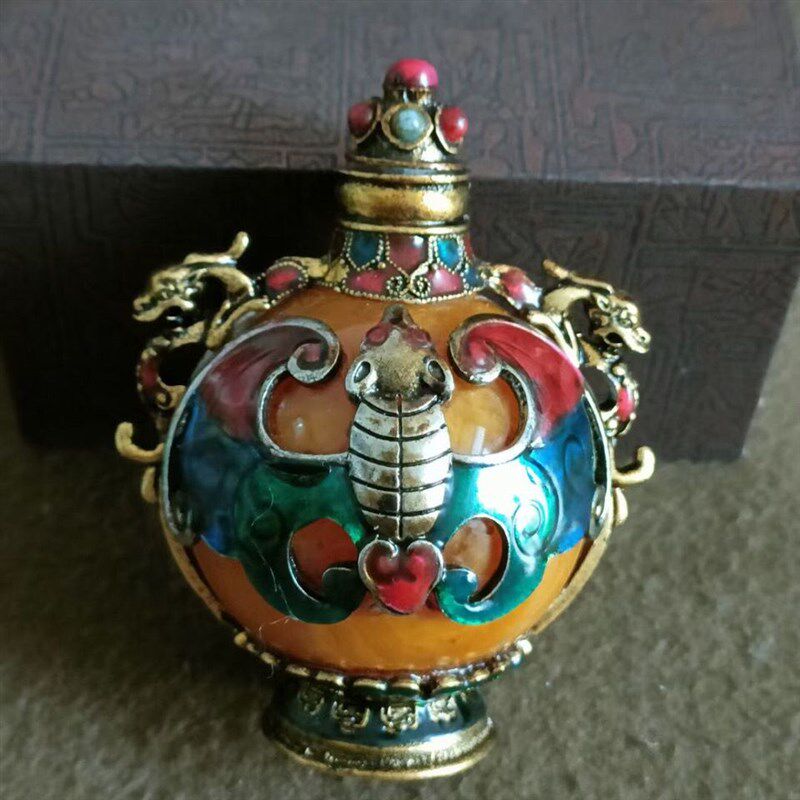 古玩收藏品双面纯铜蜜蜡镶景泰蓝鼻烟壶烟具内画鼻烟壶