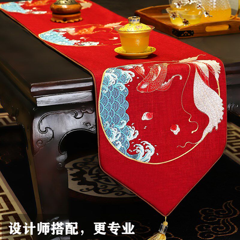 新中式桌旗中国风禅意餐桌茶几桌布红色结婚床旗条布玄关柜盖布