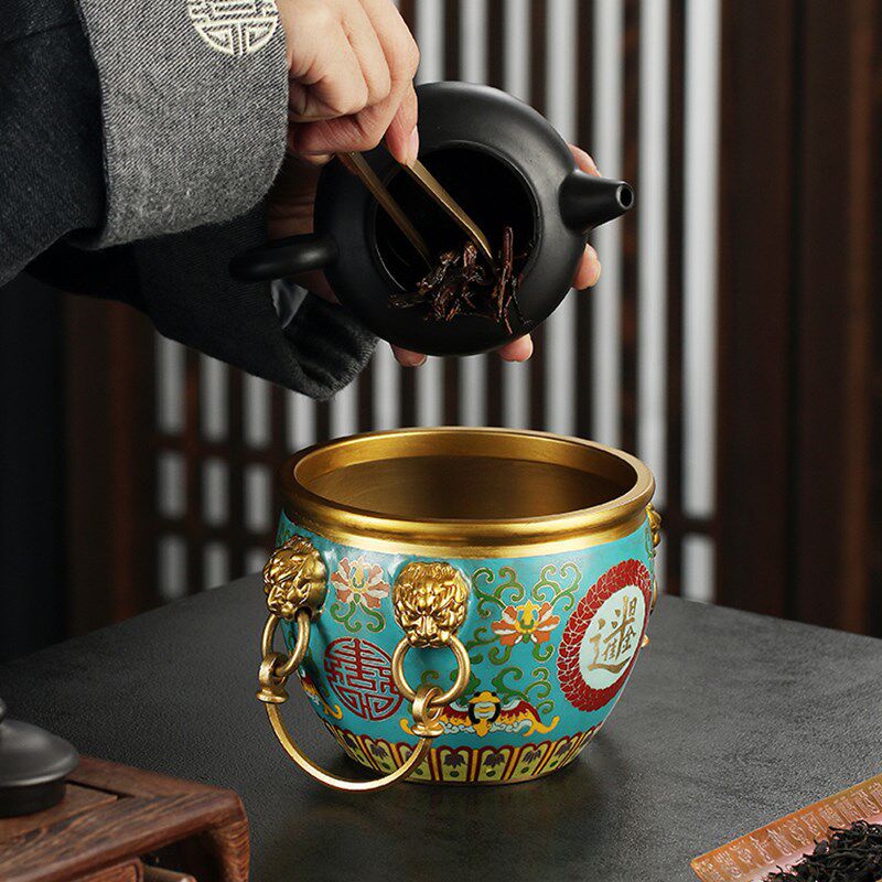 孟瀚茶渣缸纯铜茶桶茶渣桶新中式建水盂废水桶茶具配件特大号茶洗