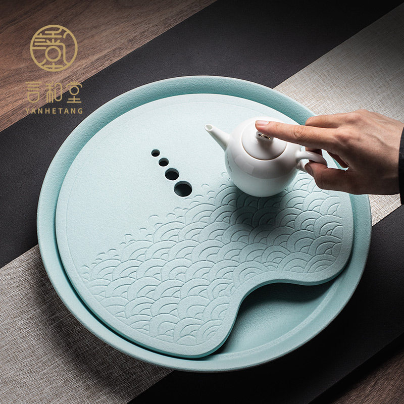 圆形储水茶盘家用功夫茶盘简约风格陶瓷茶具托盘日式茶道器具