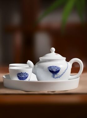 洪窑陶瓷手绘青花茶具套装景德镇旅行茶具带茶盘中式送礼
