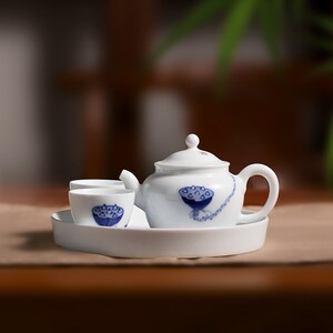 洪窑陶瓷手绘青花茶具套装景德镇旅行茶具带茶盘中式送礼