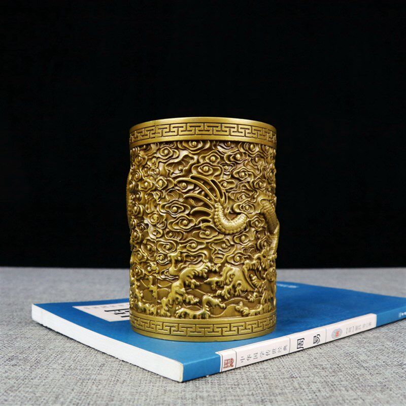 古玩铜器纯铜盘龙笔筒桌面摆件工艺品艺术品笔筒书房用品家居摆放