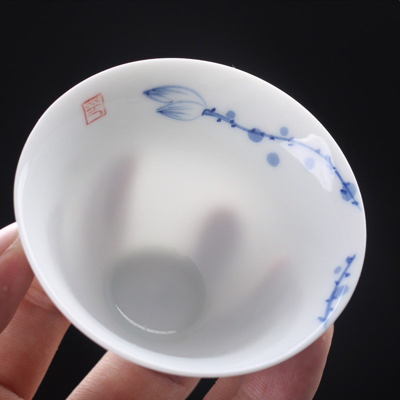 白瓷薄胎青花瓷手绘陶瓷茶杯荷花小鱼斗笠杯大号纯手绘功夫茶包邮