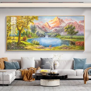 客厅装饰画聚宝盆山水画沙发背景墙挂画轻奢高级感纯手绘风景油画