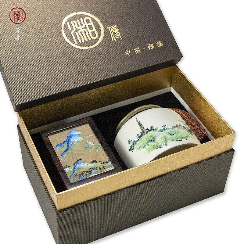 湘传礼纯手工湘绣双面绣笔筒+茶叶罐礼盒套装送礼商务庆典伴手礼