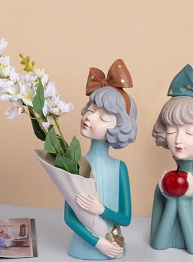 手捧花女孩摆件北欧轻奢客厅玄关餐桌装饰品创意花插花瓶生日礼物