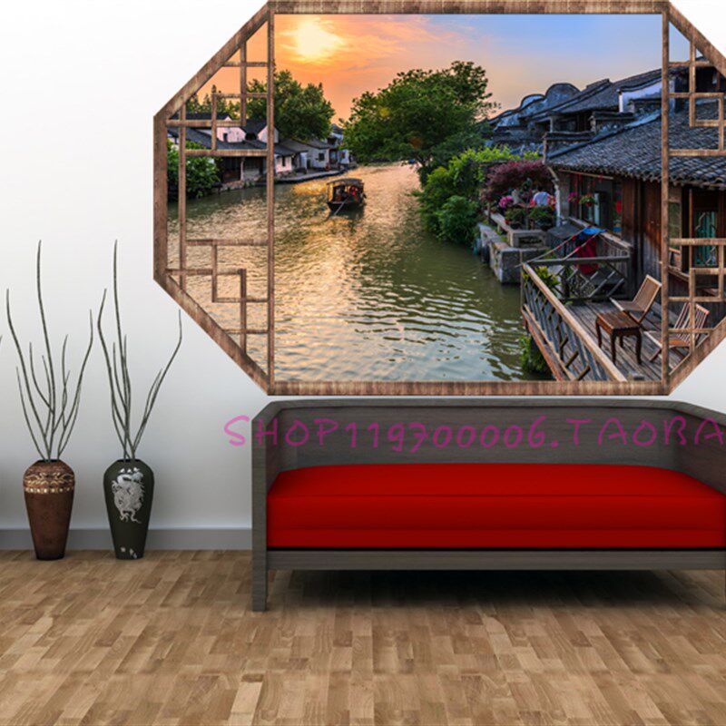 3D立体中国风古典假窗户墙贴画复古老城风景中式假窗客厅装饰贴画