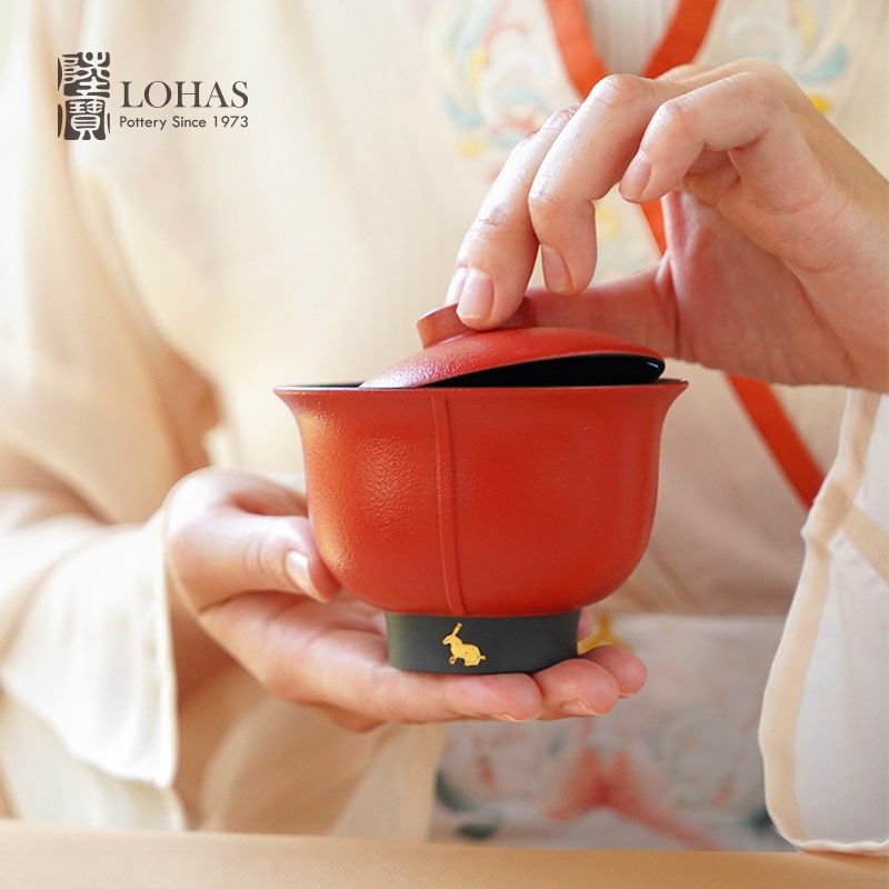陆宝功夫茶盖碗单个高档泡茶茶具家用茶碗带盖陶瓷三才盖碗套装