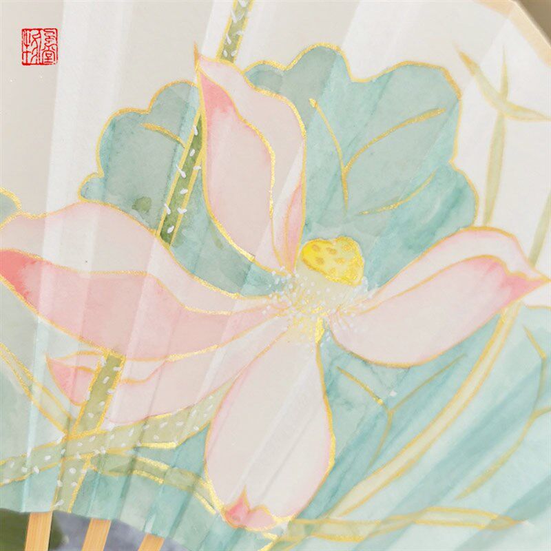 十二花神系列描金莲荷花中国女式古风手绘宣纸折扇汉服配饰定制礼