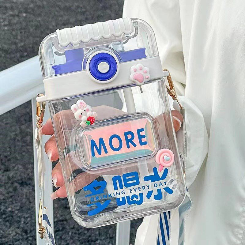 方形水杯女生高颜值塑料耐高温便携网红双饮杯大容量创意吸管杯子