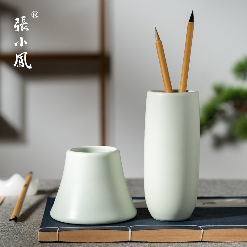张小凤 景德镇汝窑青瓷笔筒 陶瓷水盂书法用品桌面圆形简约古风瓷