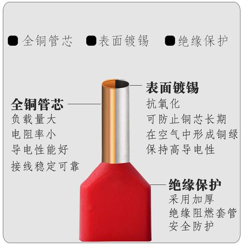 TE紫铜双线接线端子TE2512管型端子针式冷压接线端子
