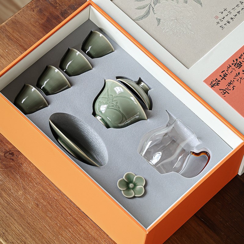 记今朝《越窑青瓷》盖碗功夫茶具套装礼盒装领导父亲爸爸生日礼品