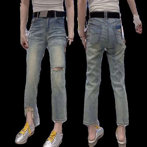 大码女装2024新款夏季薄款裤子女高腰弹力显瘦直筒破洞牛仔裤女潮