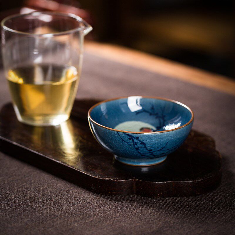 老陶泥柴烧手绘月光小鸟主人杯青花茶碗普洱杯柴窑全手工陶瓷单杯