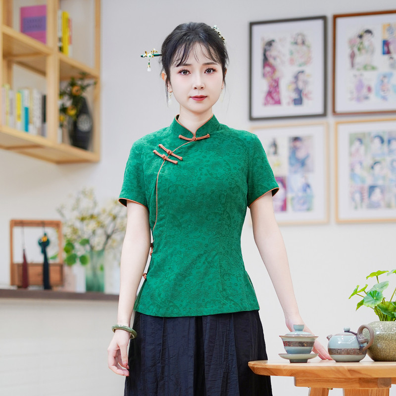 筠雅夏季新款简约清新旗袍式上衣唐装女改良版修身复古素衣24J159