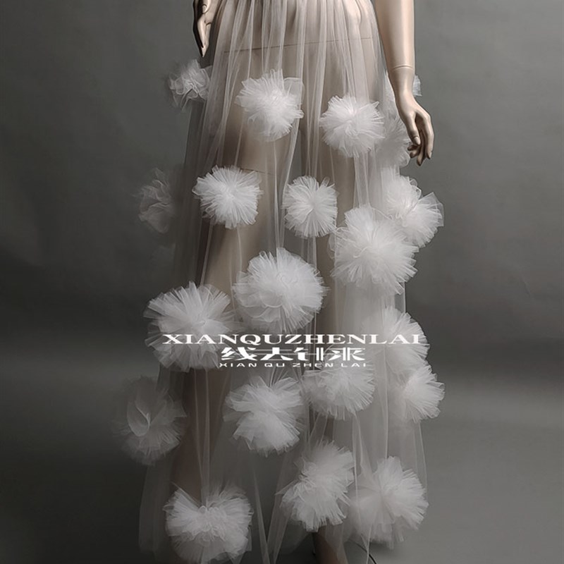 线去针来 新款白色网纱半身裙立体花朵裙长款罩裙透明街拍摄影