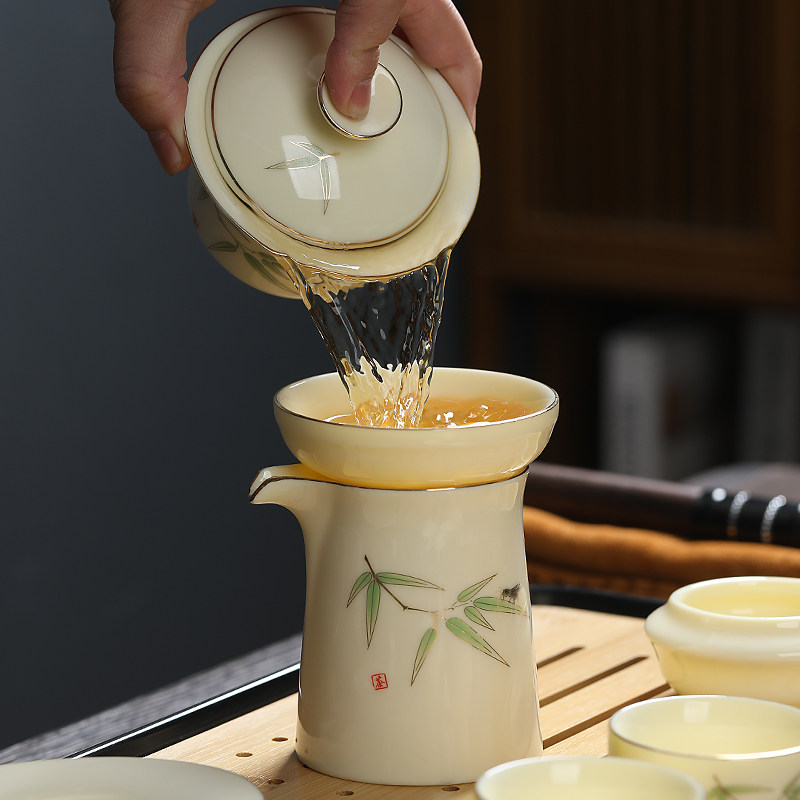 羊脂玉瓷盖碗宝石黄描金三才碗陶瓷手工贴花泡茶杯家用大容量茶碗