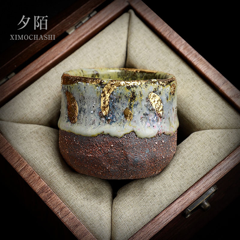 日式风纯手工柴烧茶杯粗陶志野烧主人杯陶瓷茶具单杯高档描金茶盏