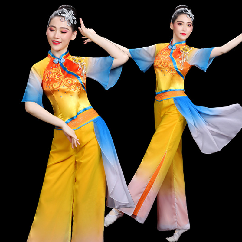 秧歌服演出服2023新款过渡色雪纺飘逸扇子舞手绢舞表演服胶州秧歌