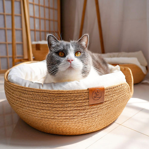 环绕抱枕式藤编猫窝吊篮猫床四季通用保暖绒手工编织冬季猫咪用品