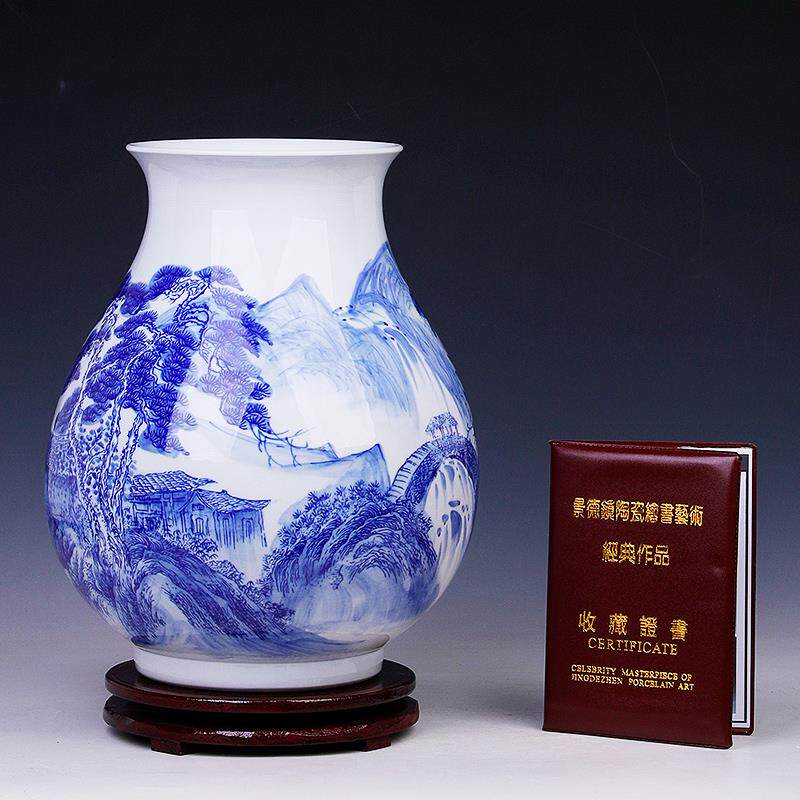 景德镇陶瓷器名家大师手绘青花瓷花瓶插花仿古中式客厅博古架摆件