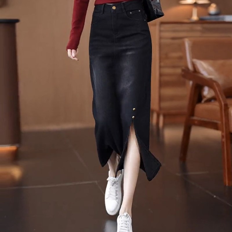 牛仔半身裙女士2024年春秋季新款高腰怀旧复古中长款开叉一步裙子