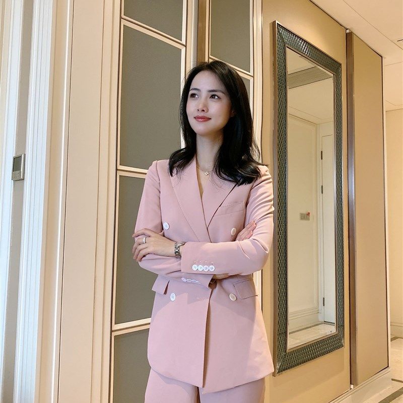 夏季新款裸粉色珍珠麻双排扣修身西装直筒裤套装女  舒适垂感