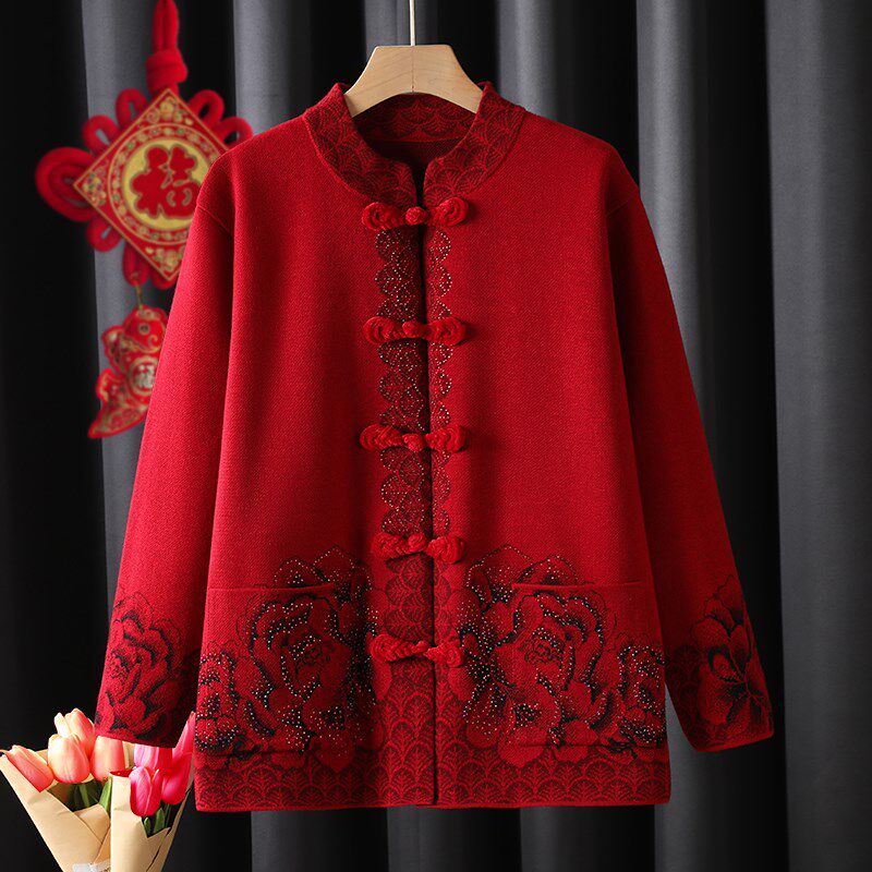 老人妈妈装唐装针织衫秋冬外套红色本命年礼服复古盘扣衣服奶奶装