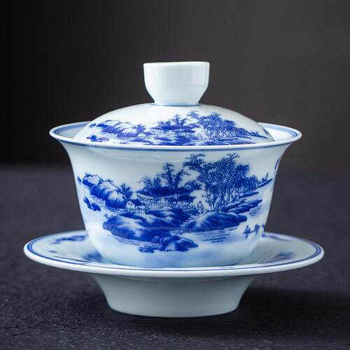 复古青花瓷盖碗茶杯山水青白陶瓷大号家用功夫茶具套装三才泡茶碗