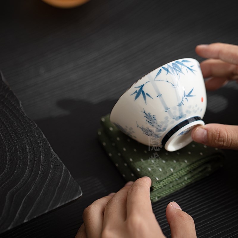 圭隐堂手绘竹子玉瓷茶杯家用复古主人杯个人单杯品茗杯喝茶功夫杯