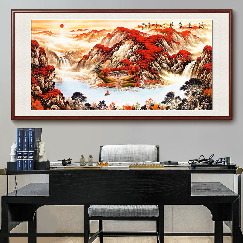 旭日东升挂画老板办公室背景画客厅装饰画大尺寸鸿运当头山水画