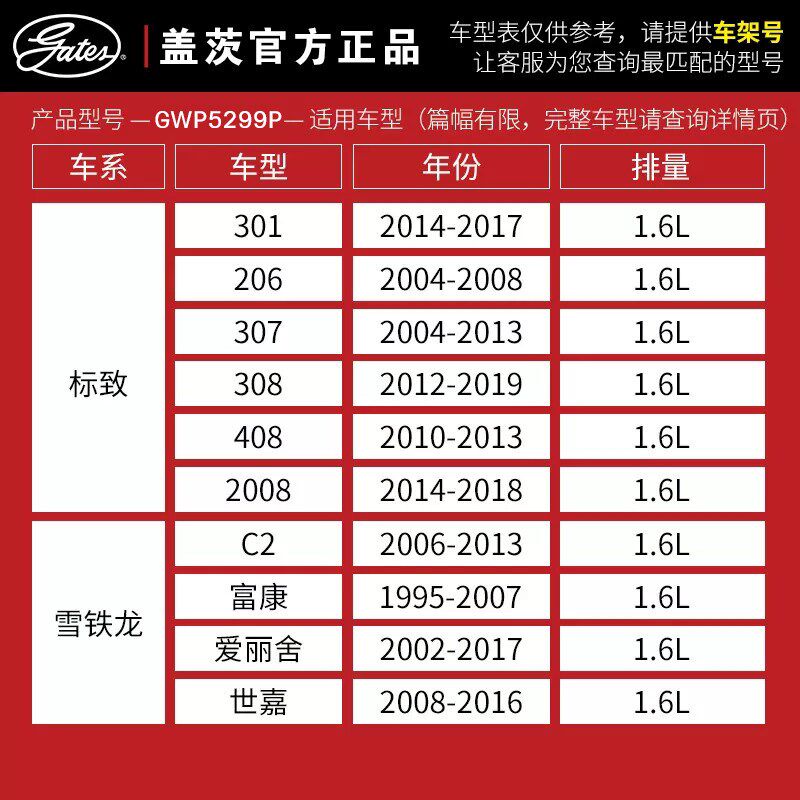 盖茨适配标致206 207 307 308 408 世嘉 16V爱丽舍 1.6发动机水泵
