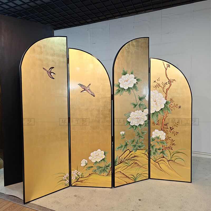 侘寂风手绘花鸟画金箔屏风新中式日式茶室客厅隔断背景墙折屏定制
