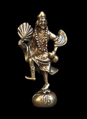 复古实心纯黄铜办公桌面车载小摆件济公佛茶宠工艺品手把玩件饰品