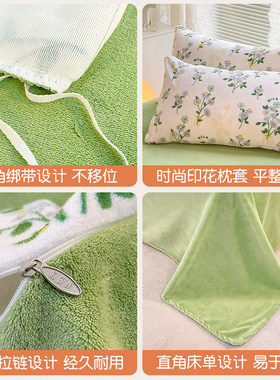 秋冬双面牛奶珊瑚绒被套单件加厚单独被罩加绒床单绿色四件套新款