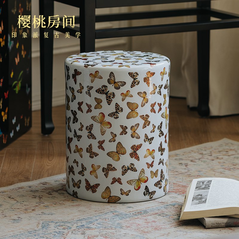 樱桃房间描金蝴蝶瓷凳中古风蝴蝶元素法式客厅边几复古换鞋梳妆凳