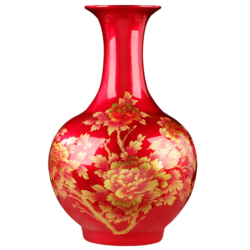景德镇陶瓷器中国红花瓶插花摆件新中式家居客厅酒柜博古架装饰品