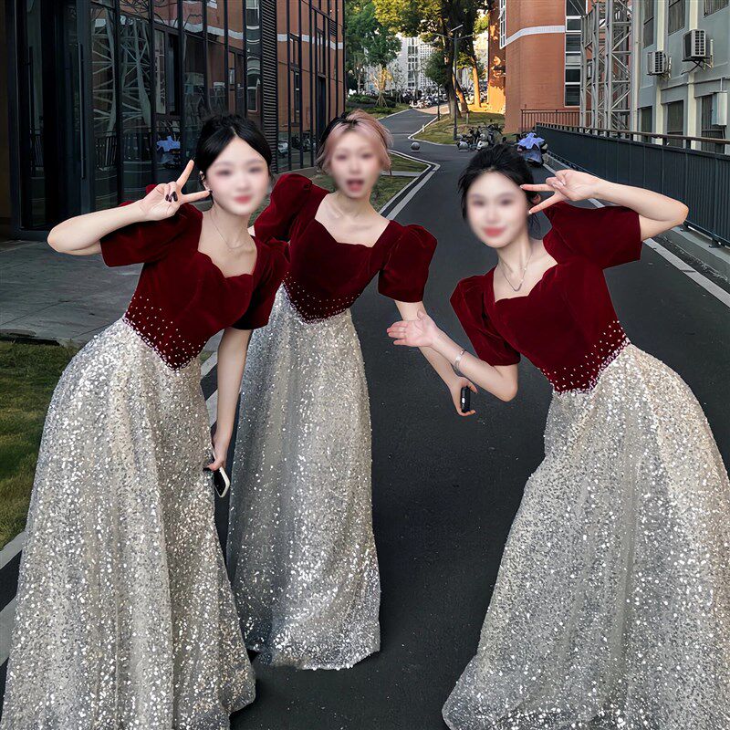 大合唱团演出服女长裙新款主持人晚礼服红歌比赛学生舞台表演红色