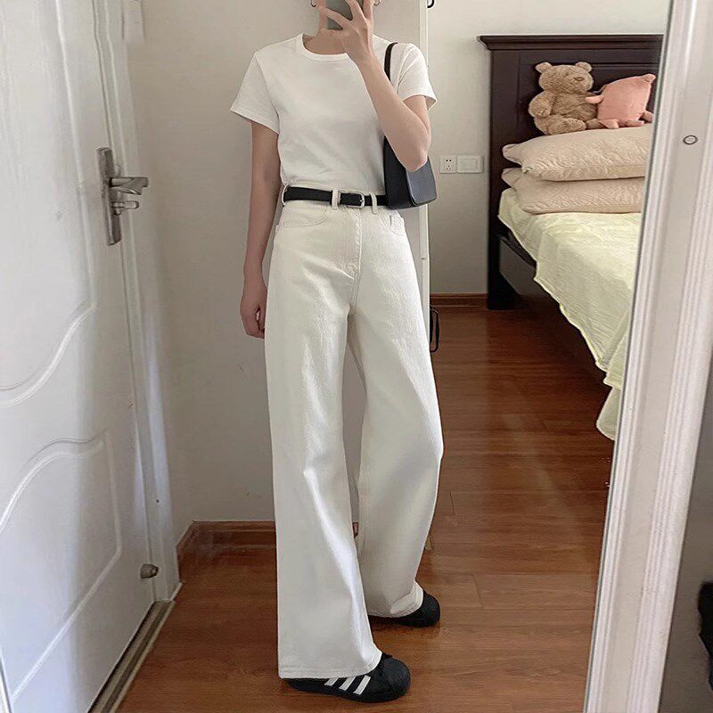 白色窄版阔腿牛仔裤女2025年春秋新款高腰小个子宽松垂感直筒裤子