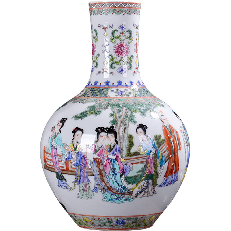 景德镇陶瓷花瓶手绘仕女图仿古粉彩客厅家居装饰品明清古典摆件