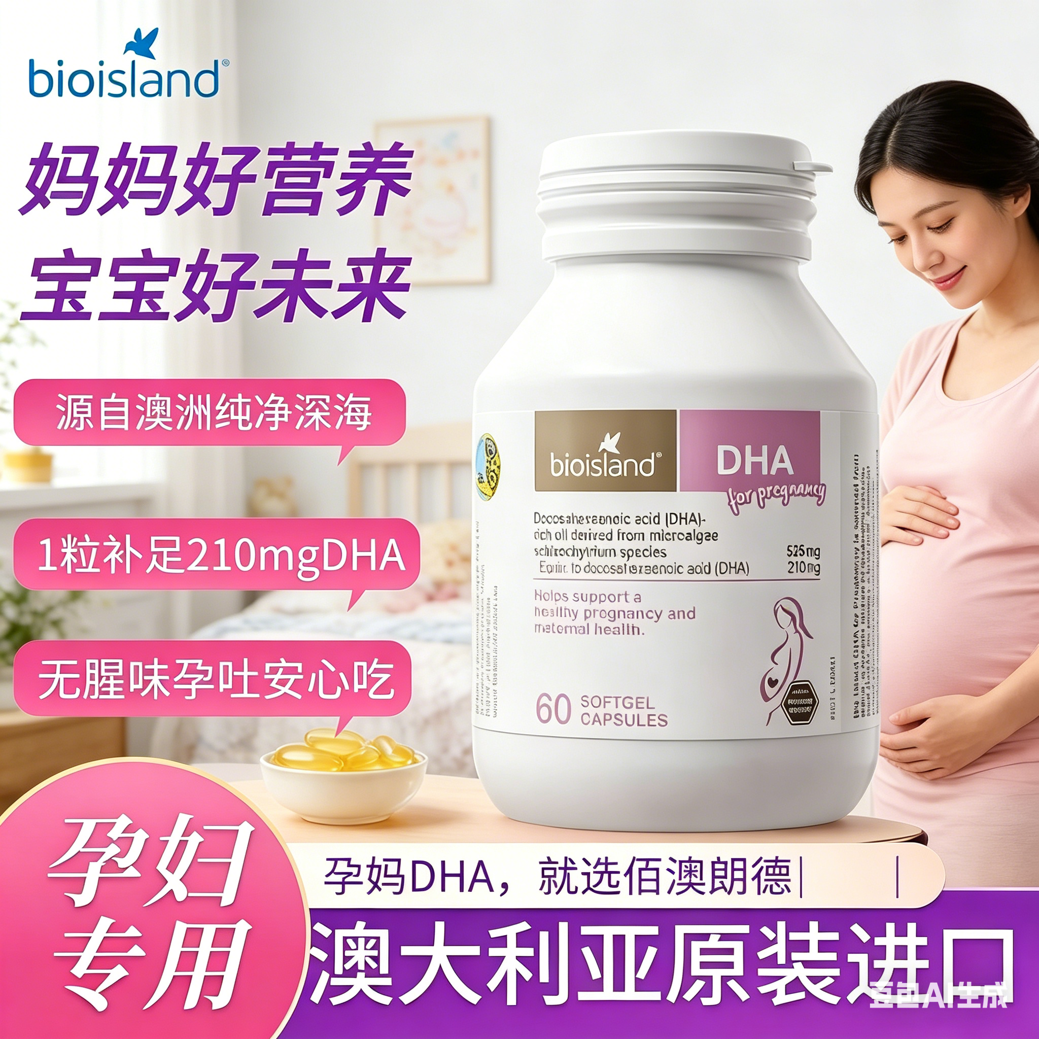 澳洲bioisland佰澳朗德海藻油DHA孕产妇专用备孕孕期哺乳均衡营养