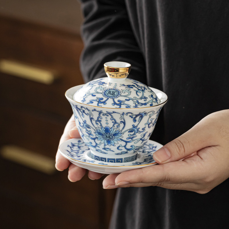 青花瓷整套功夫茶具办公客厅泡茶碗沏茶壶三才盖碗茶杯套装礼盒装